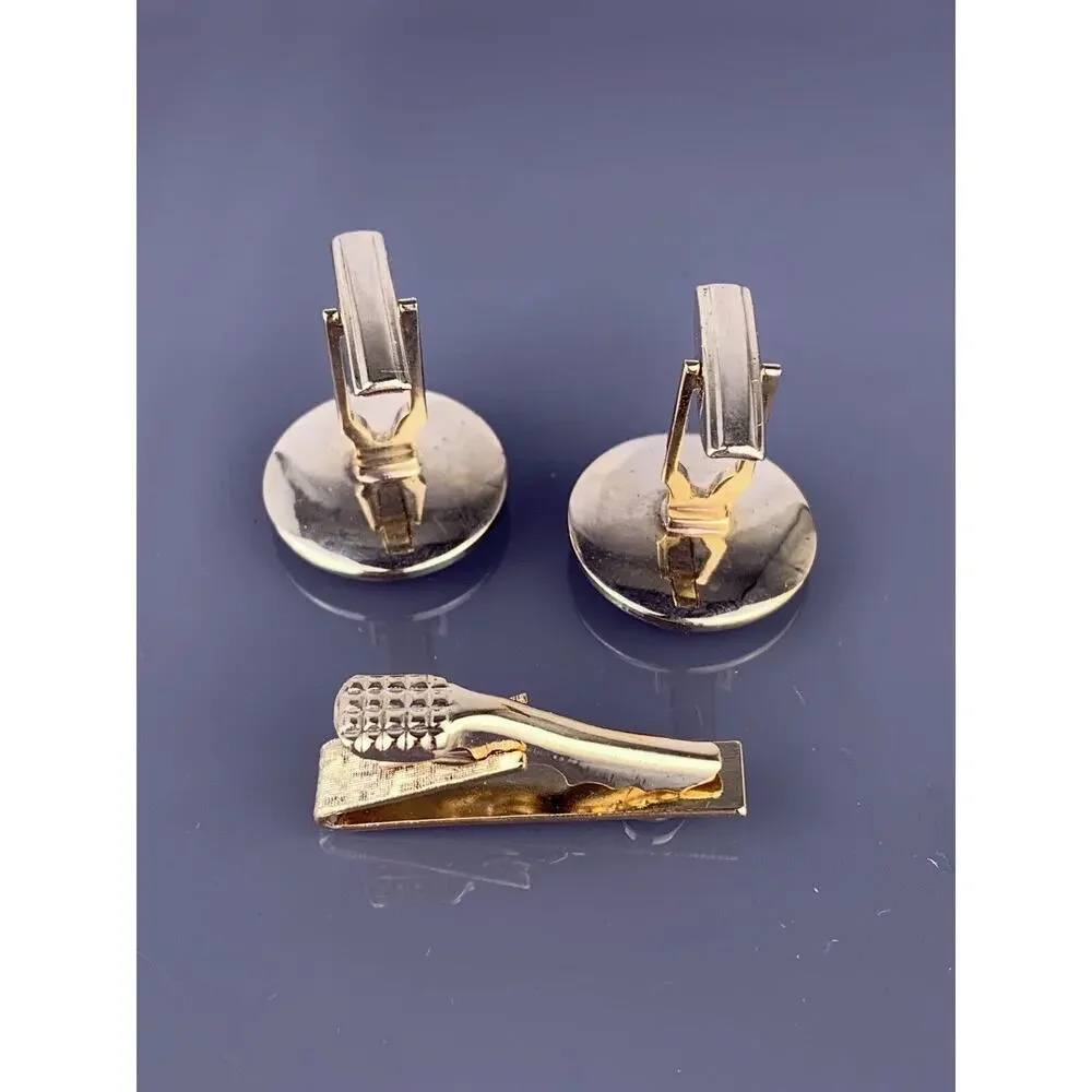 Round Black Obsidian Gold Tone Cufflinks Tie Clip Bar Textured Simple Vintage